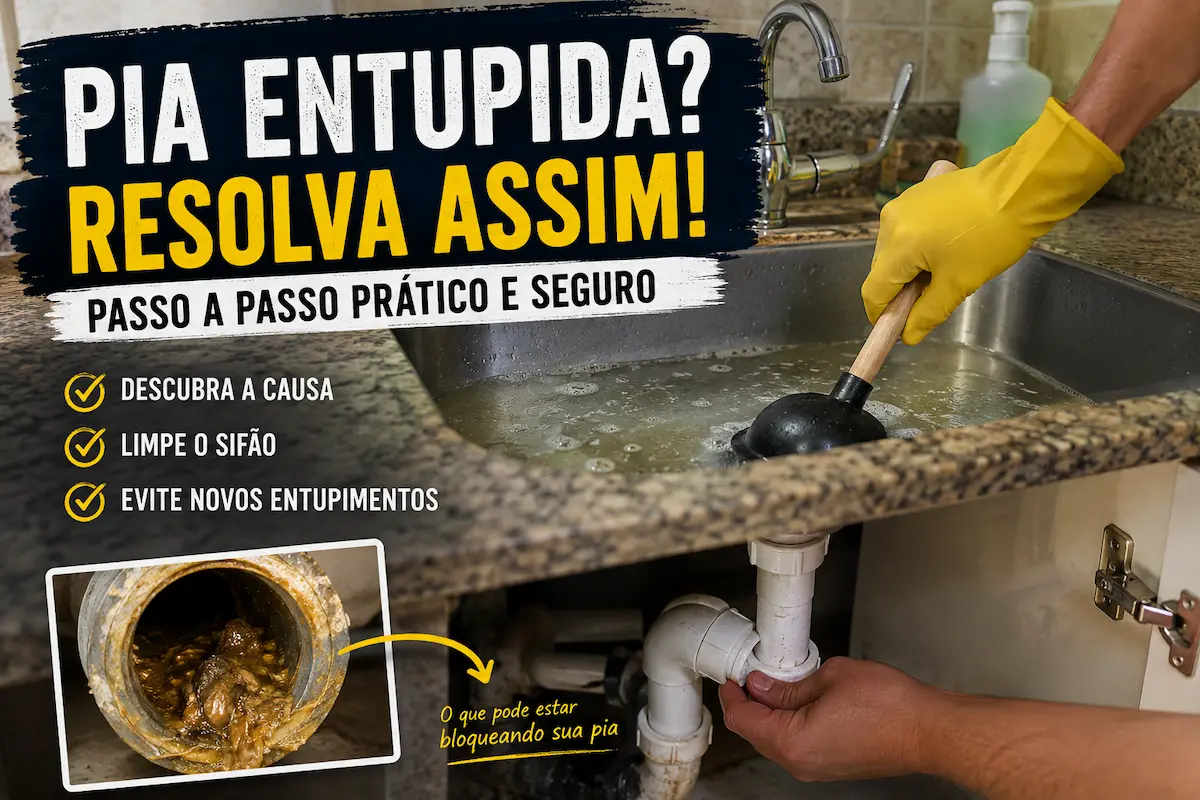 pia entupida sendo verificada na cozinha.