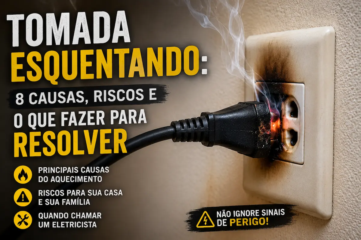 Tomada esquentando com sinais de superaquecimento e risco elétrico