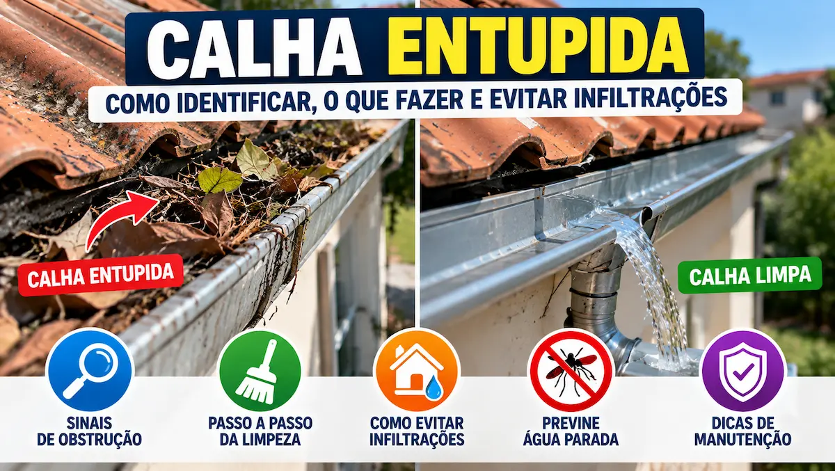 Calha entupida com folhas e sujeira comparada a uma calha limpa com escoamento correto da água.
