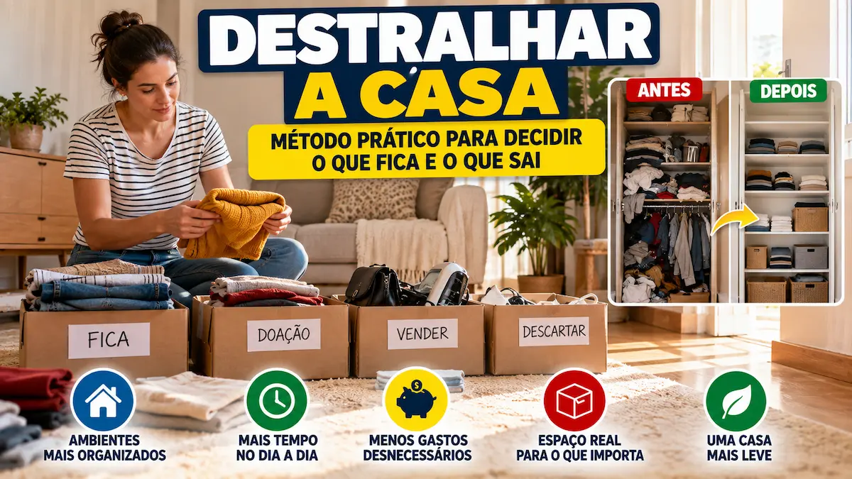 Destralhar a casa separando objetos para ficar, doar, vender ou descartar.