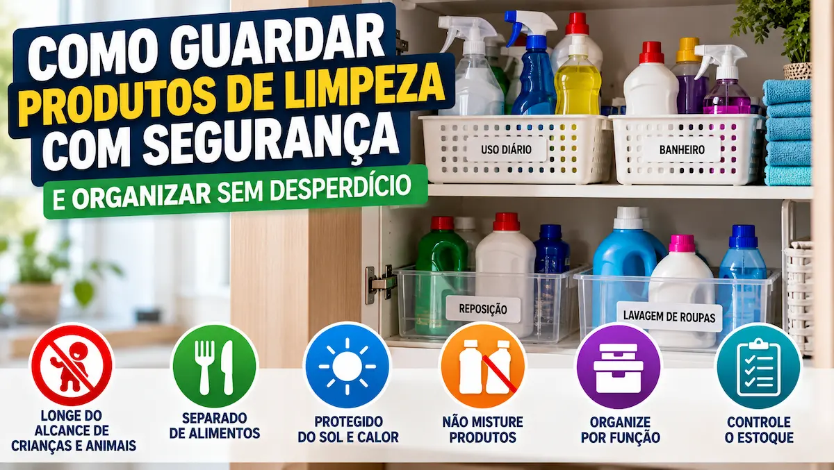 Como guardar produtos de limpeza com segurança em armário organizado, longe de crianças, alimentos, sol e calor.