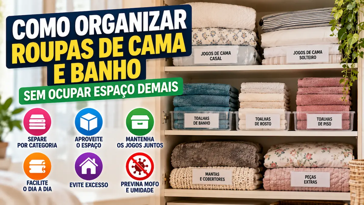 Como organizar roupas de cama e banho em armário com lençóis, toalhas, mantas e peças extras separadas por categoria.
