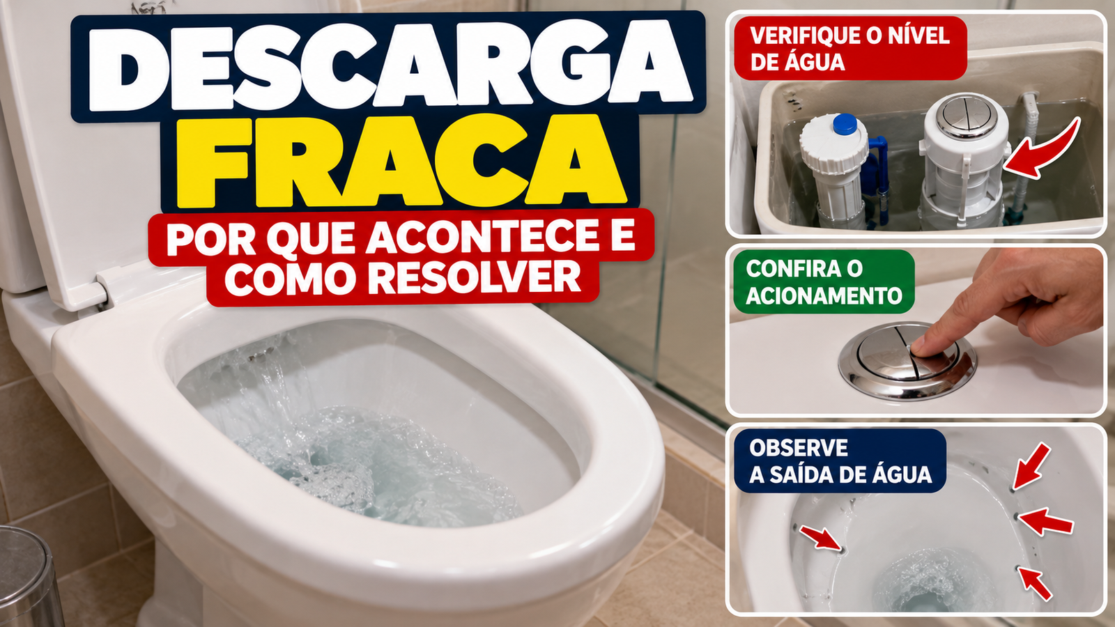 Descarga fraca em vaso sanitário com verificação do nível da água, acionamento e saída de água.