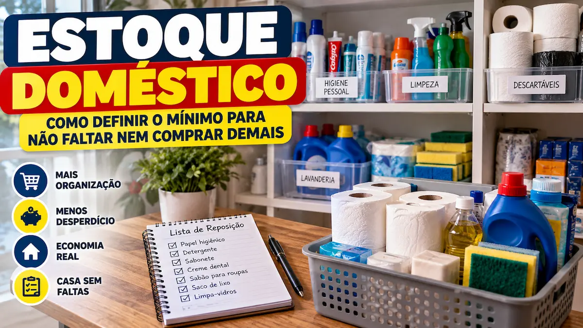 Estoque doméstico organizado com produtos de higiene, limpeza e itens de reposição.