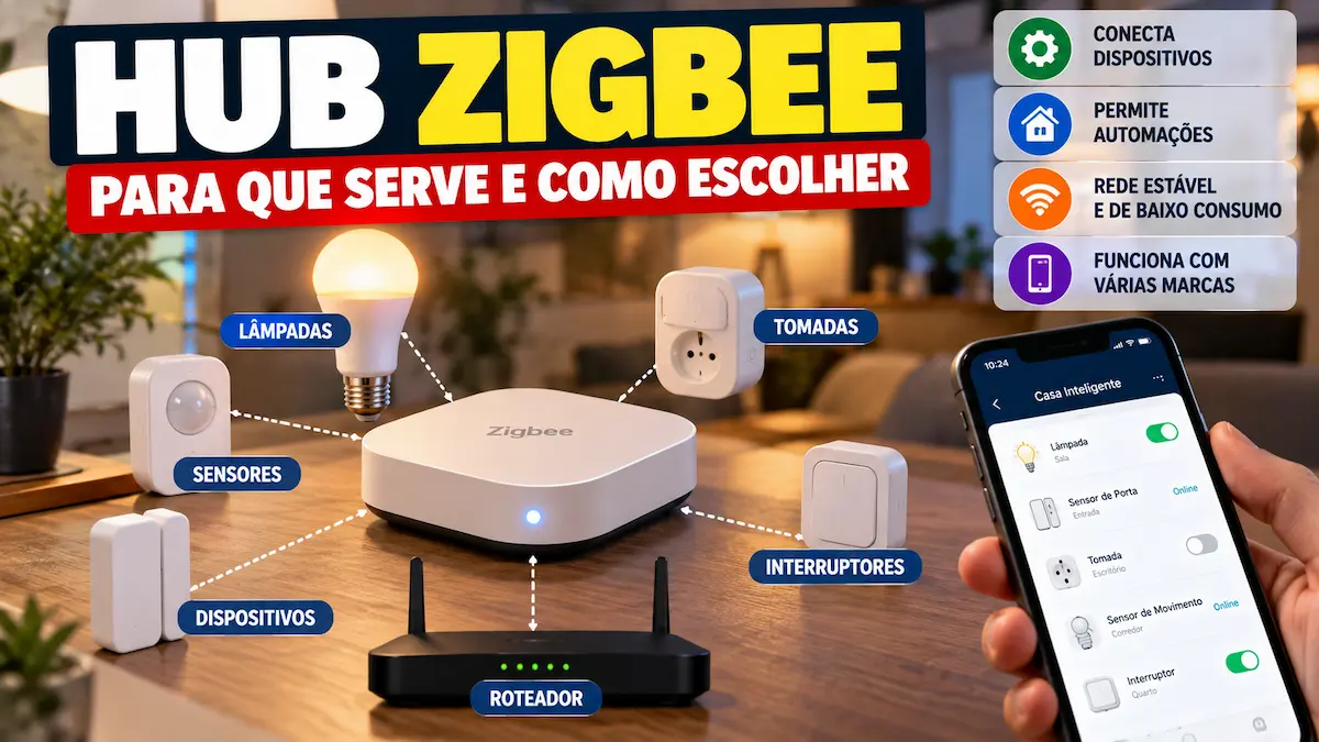 Hub Zigbee conectado a lâmpadas, sensores, tomadas e interruptores em uma casa inteligente.
