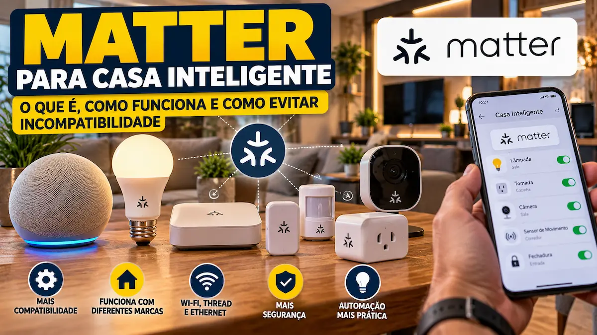 Matter para casa inteligente com dispositivos conectados por Wi-Fi, Thread e Ethernet.