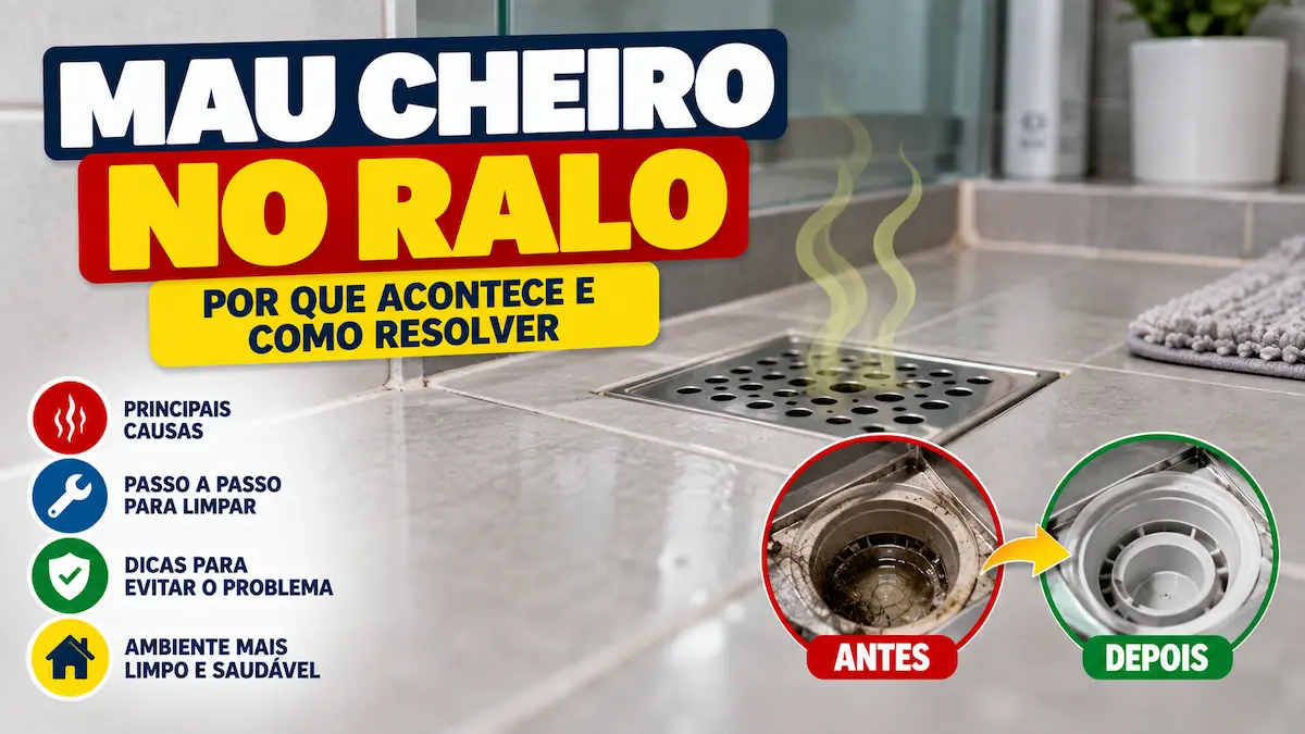 Mau cheiro no ralo do banheiro com comparação entre ralo sujo e ralo limpo após a manutenção.