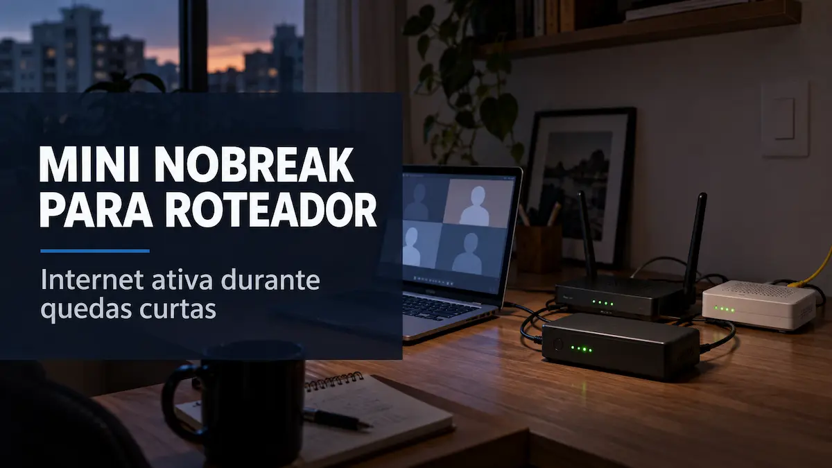 Mini nobreak para roteador mantendo a internet ativa durante uma queda curta de energia.