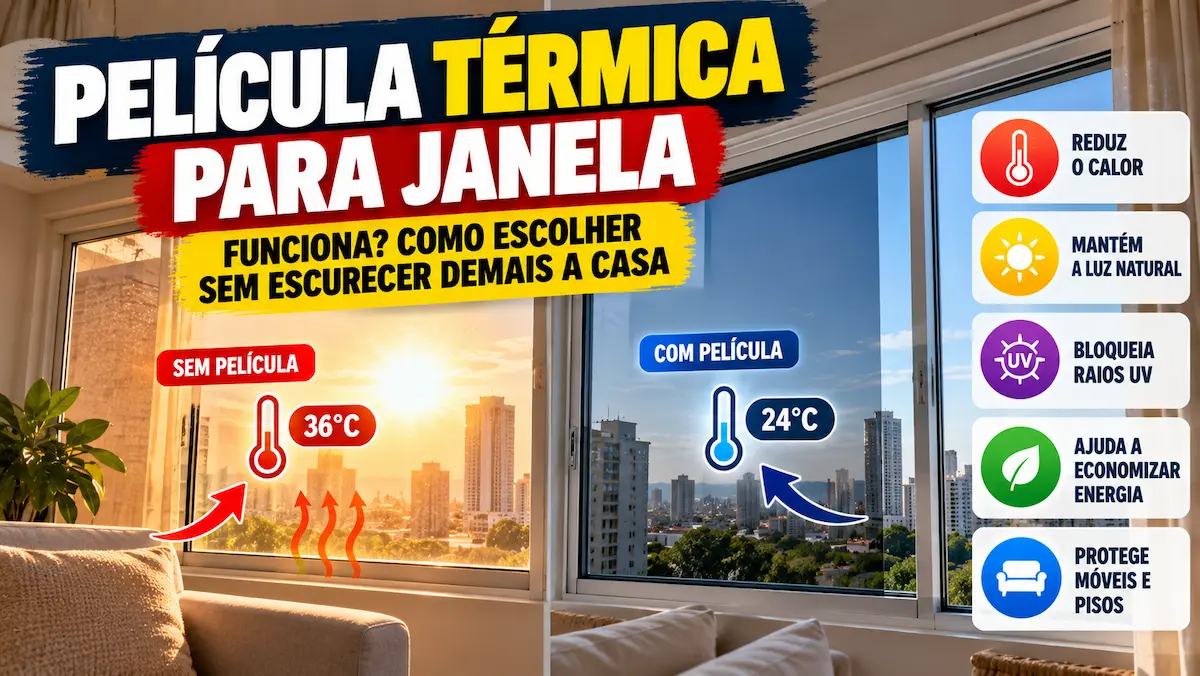 Película térmica para janela comparando ambiente com e sem proteção solar para reduzir calor e manter a luz natural.