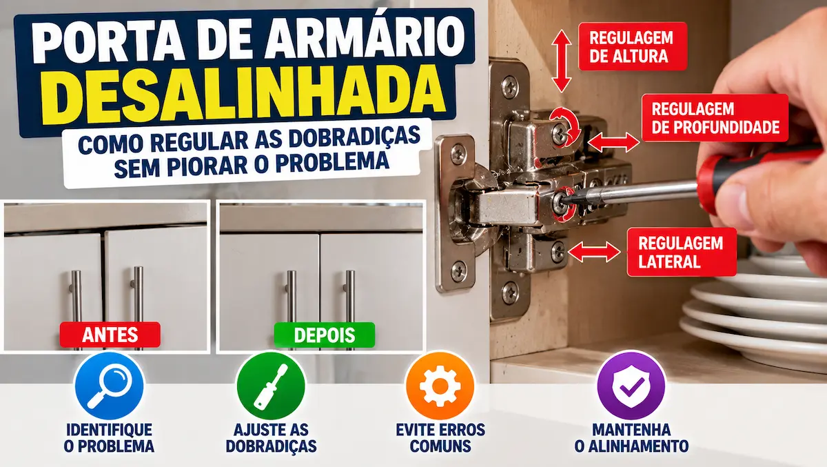 Porta de armário desalinhada sendo ajustada nas dobradiças para corrigir altura, profundidade e alinhamento lateral.