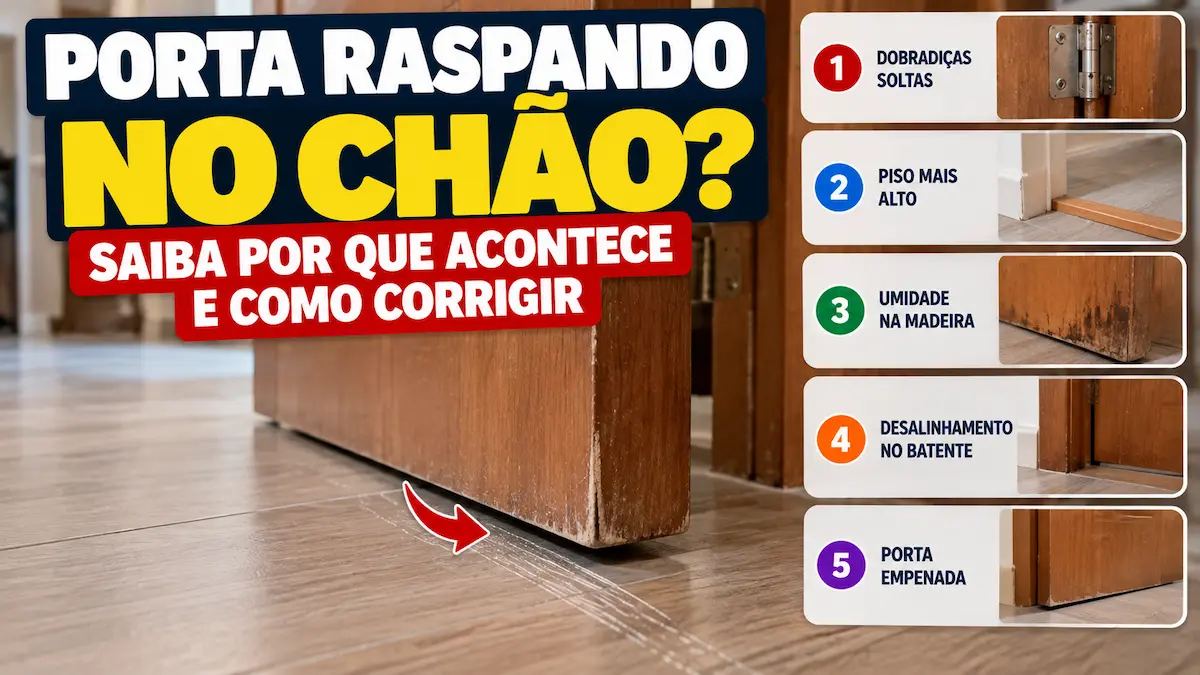 Porta raspando no chão com destaque para dobradiças soltas, piso alto, umidade e desalinhamento.
