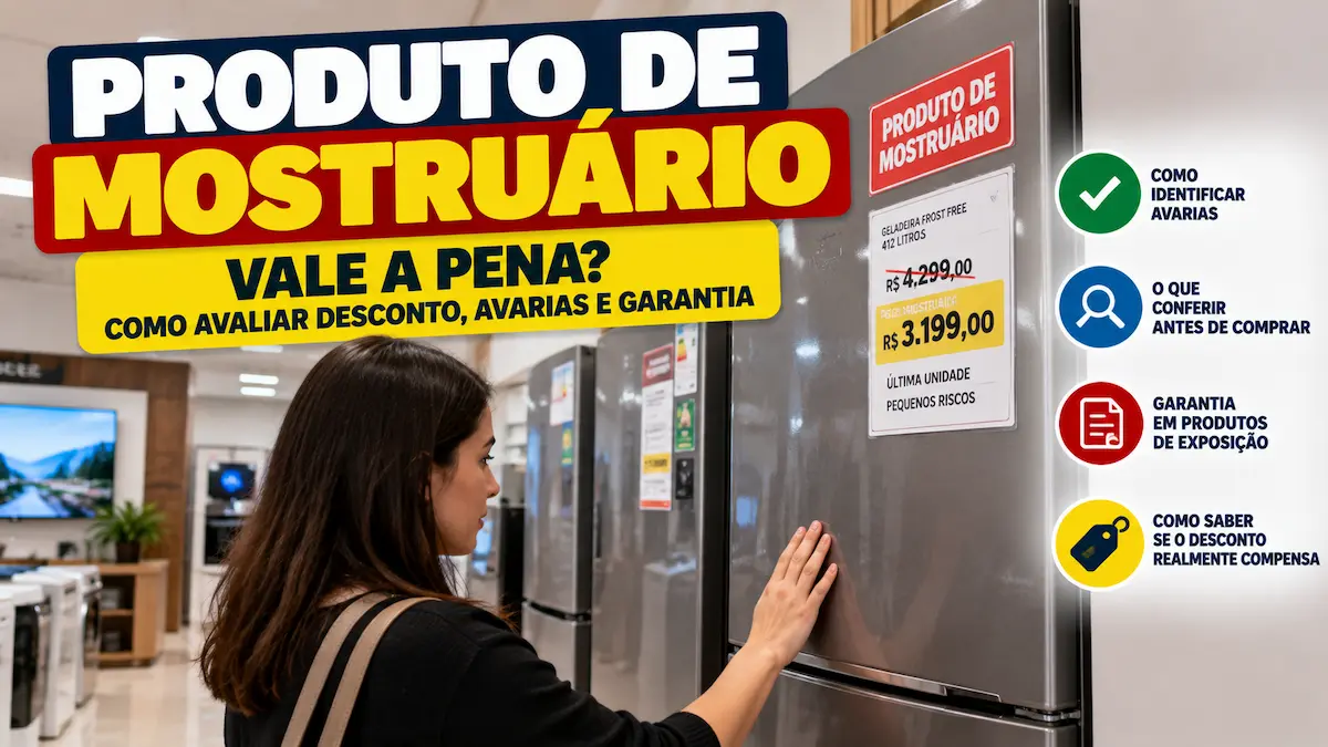 Produto de mostruário sendo avaliado em loja antes da compra, com análise de avarias, desconto e garantia.