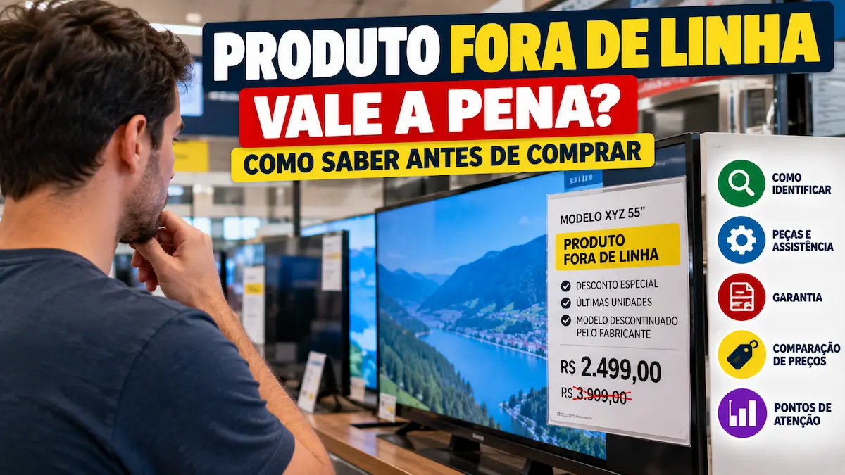 Produto fora de linha sendo avaliado em loja com comparação de preço, garantia, peças e assistência.