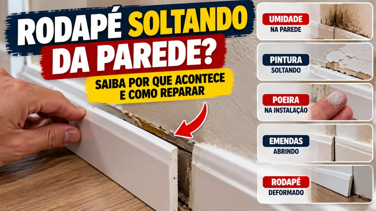 Rodapé soltando da parede com sinais de umidade, pintura descascando, poeira e deformação.