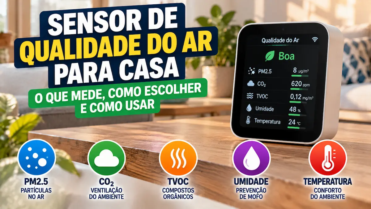 Sensor de qualidade do ar para casa exibindo níveis de PM2.5, CO₂, TVOC, umidade e temperatura em ambiente residencial.