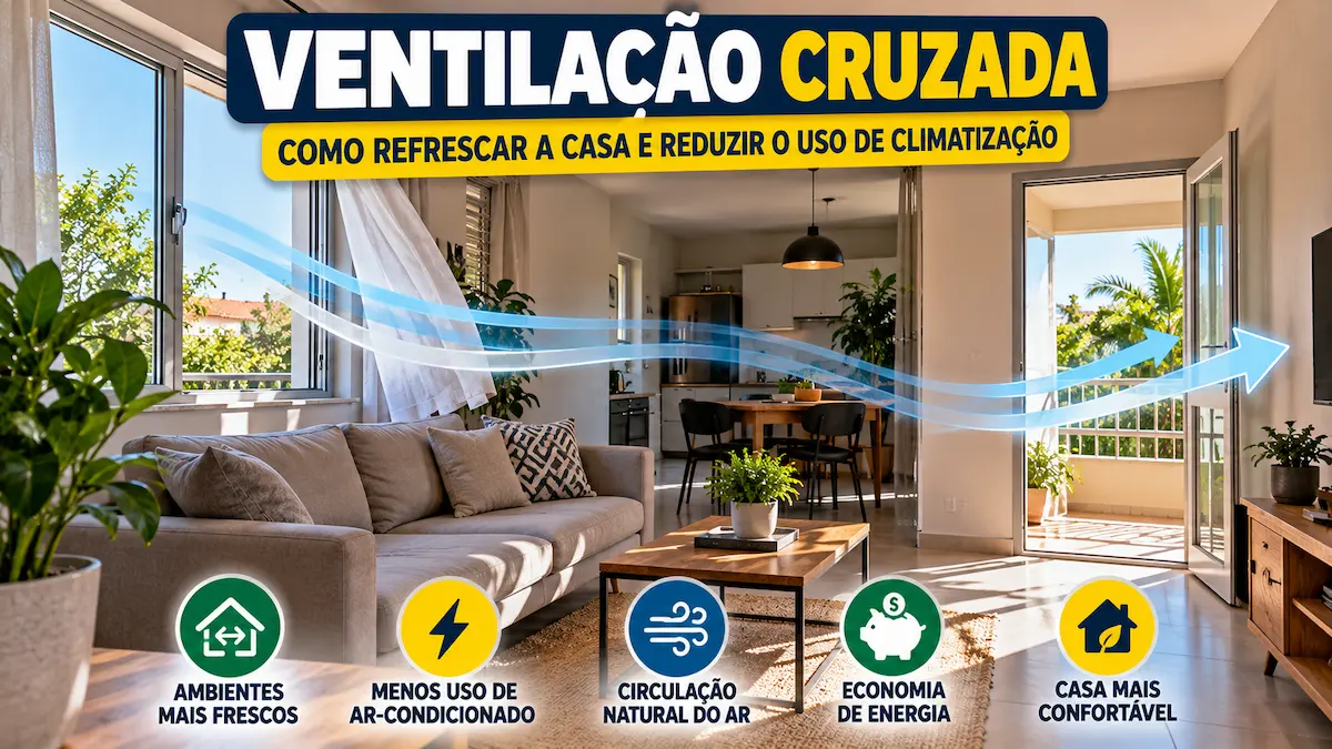 Ventilação cruzada em sala com janelas abertas e circulação natural do ar.