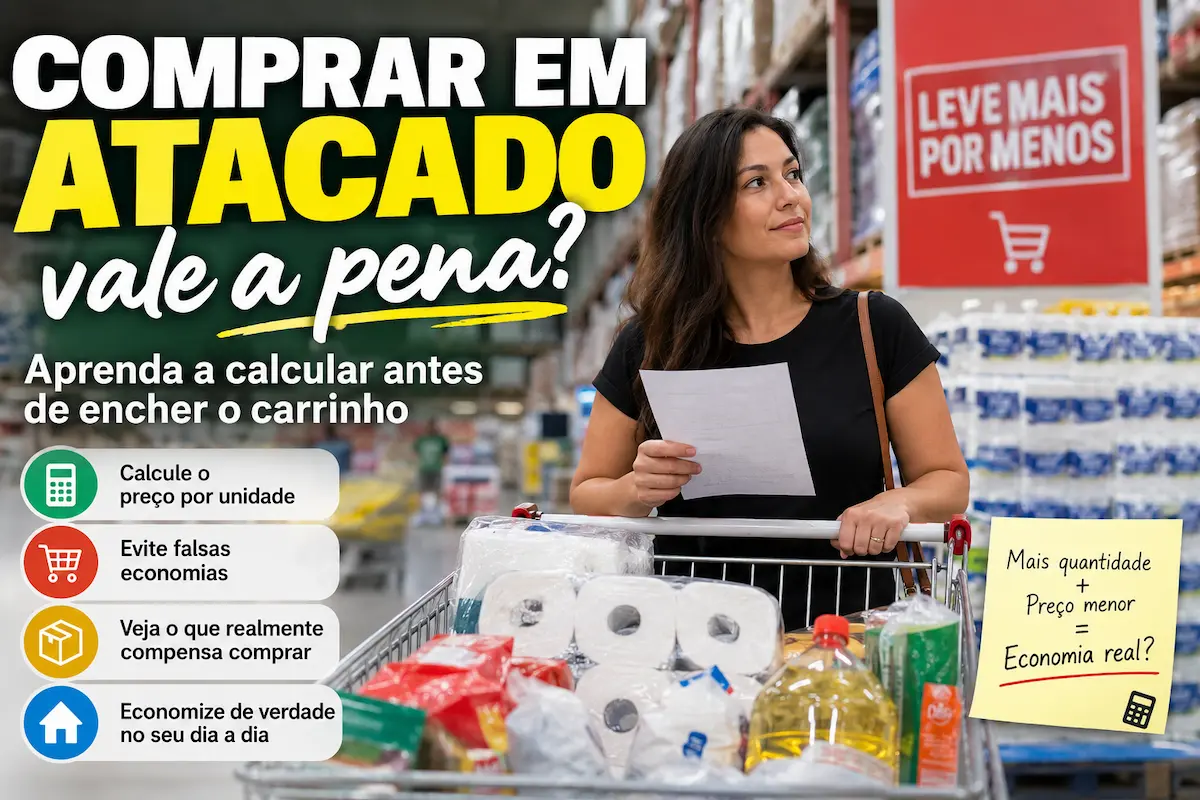 Comprar em atacado vale a pena: consumidora compara preços e produtos em grande quantidade no supermercado
