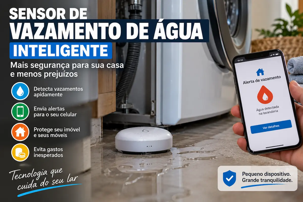 Sensor de vazamento de água inteligente detectando água no chão próximo à máquina de lavar e enviando alerta para o celular.