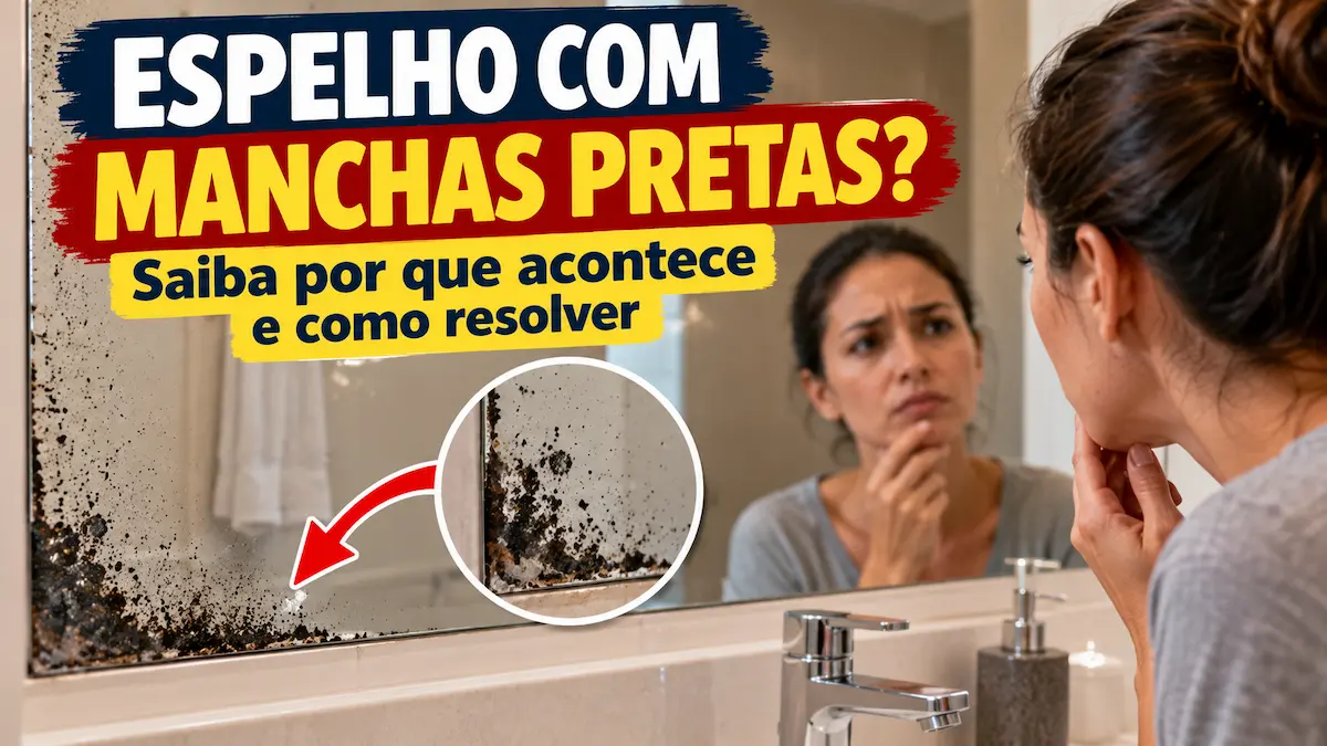 Espelho com manchas pretas nas bordas e sinais de deterioração da camada refletiva em banheiro residencial, mostrando os danos causados pela umidade.
