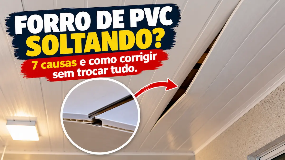 Forro de PVC soltando no teto residencial, com réguas brancas desencaixadas, abertura visível e detalhe ampliado mostrando o problema de fixação.