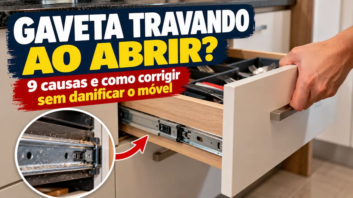 Gaveta travando ao abrir em armário de cozinha, com destaque para corrediça telescópica desgastada e possíveis causas do travamento.