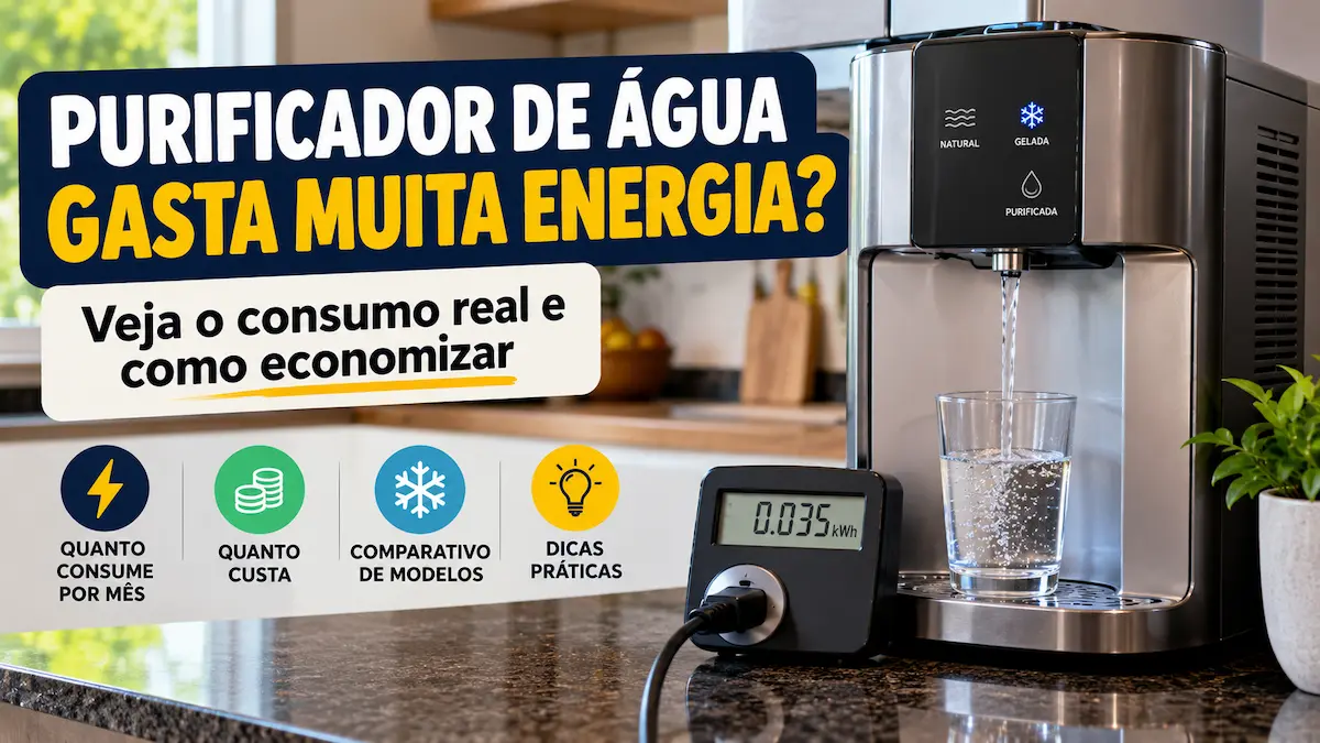Purificador de água gasta muita energia? Imagem de purificador elétrico fornecendo água gelada, com medidor de consumo em kWh e dicas para economizar eletricidade.