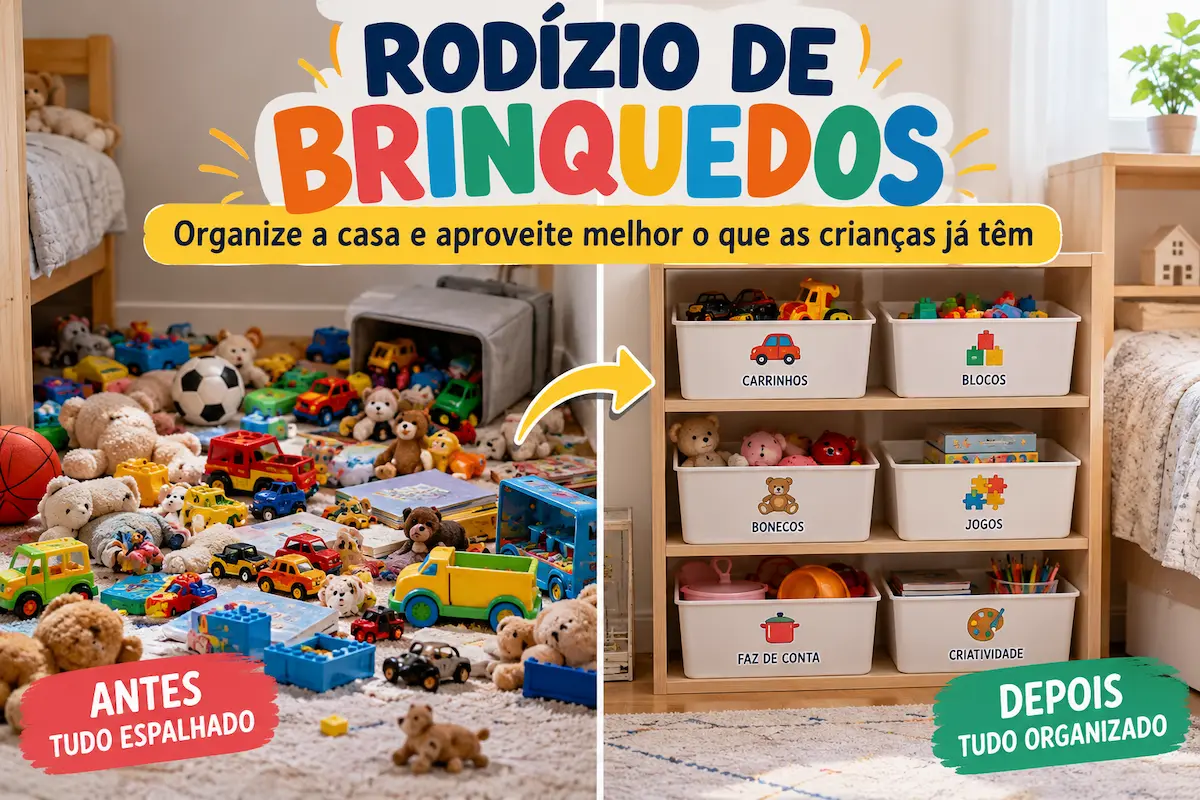 Rodízio de brinquedos: comparação de quarto infantil antes e depois da organização, com brinquedos espalhados e caixas organizadoras identificadas.