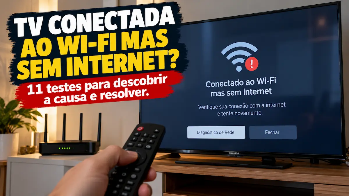 TV conectada ao Wi-Fi mas sem internet, mostrando mensagem de erro na tela de uma Smart TV, roteador ligado e controle remoto utilizado para verificar a conexão.