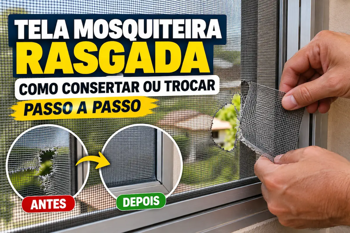 Tela mosquiteira rasgada sendo consertada em uma janela de alumínio, com demonstração do antes e depois do reparo da malha.