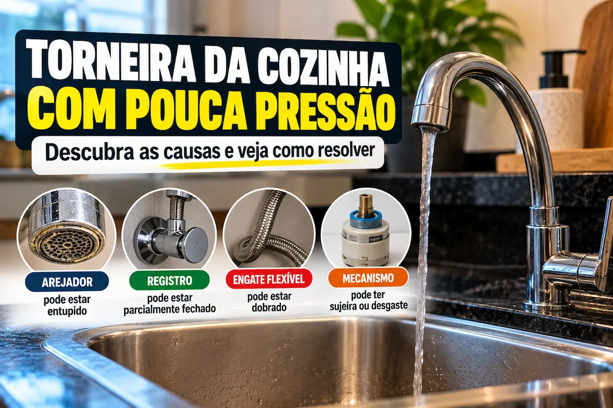 Torneira da cozinha com pouca pressão e possíveis causas como arejador, registro e engate flexível