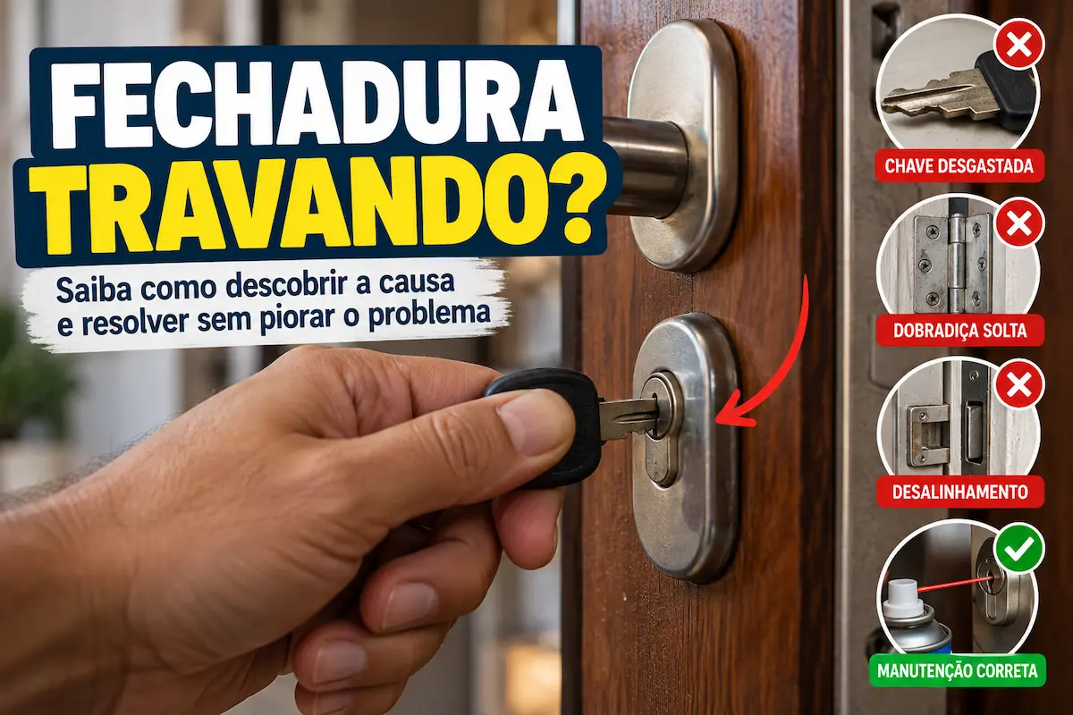 Fechadura travando com chave na porta e exemplos de causas do problema