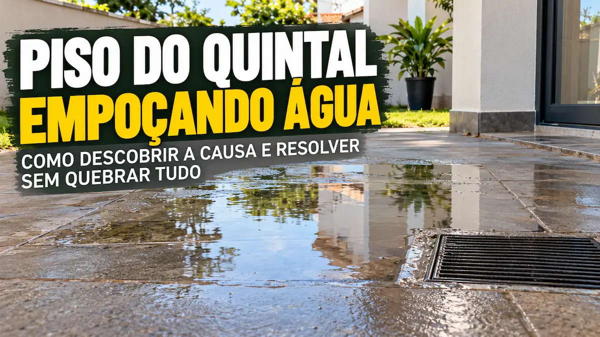 Piso do quintal empoçando água próximo ao ralo de drenagem, mostrando acúmulo de água sobre o revestimento externo após a chuva.