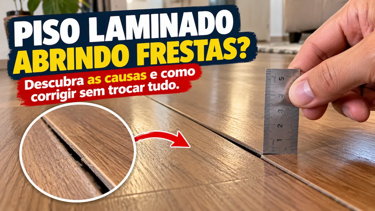 Piso laminado abrindo frestas entre as réguas de madeira, com uma pessoa utilizando régua milimetrada para medir a abertura e identificar o problema.