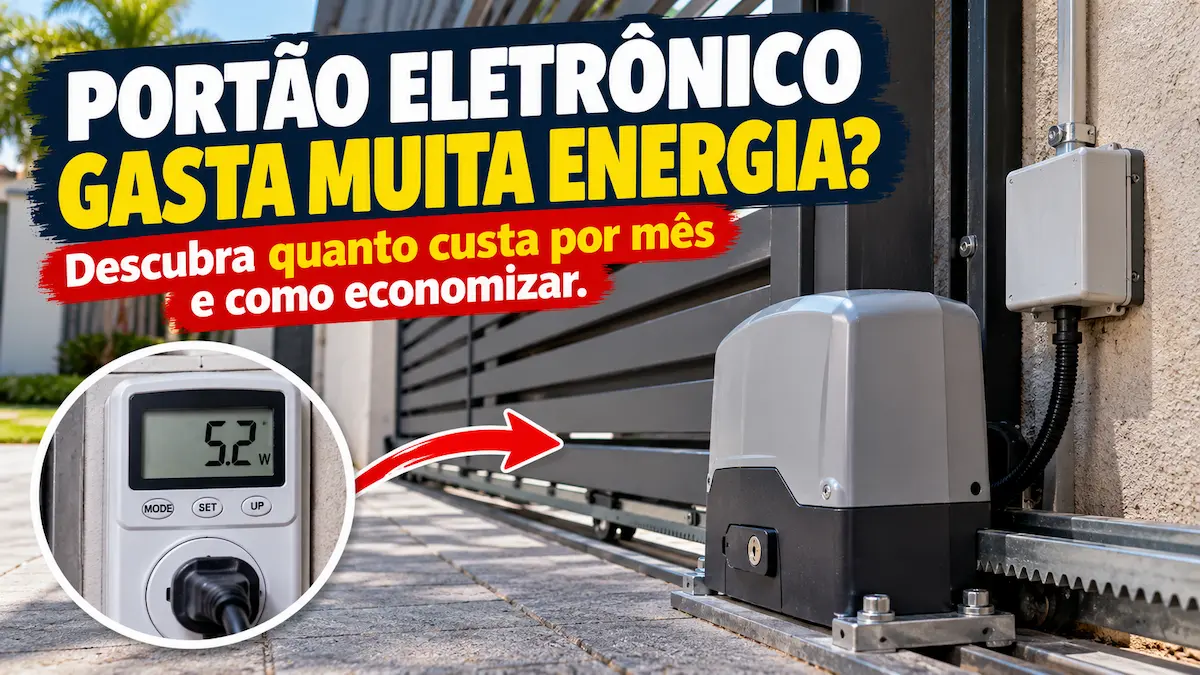 Portão eletrônico gasta muita energia? Imagem de motor de portão deslizante residencial com medidor digital de potência, ilustrando o consumo elétrico e como economizar.